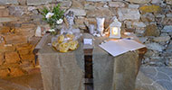 Wishes table with sugared almonds and decorative lantern